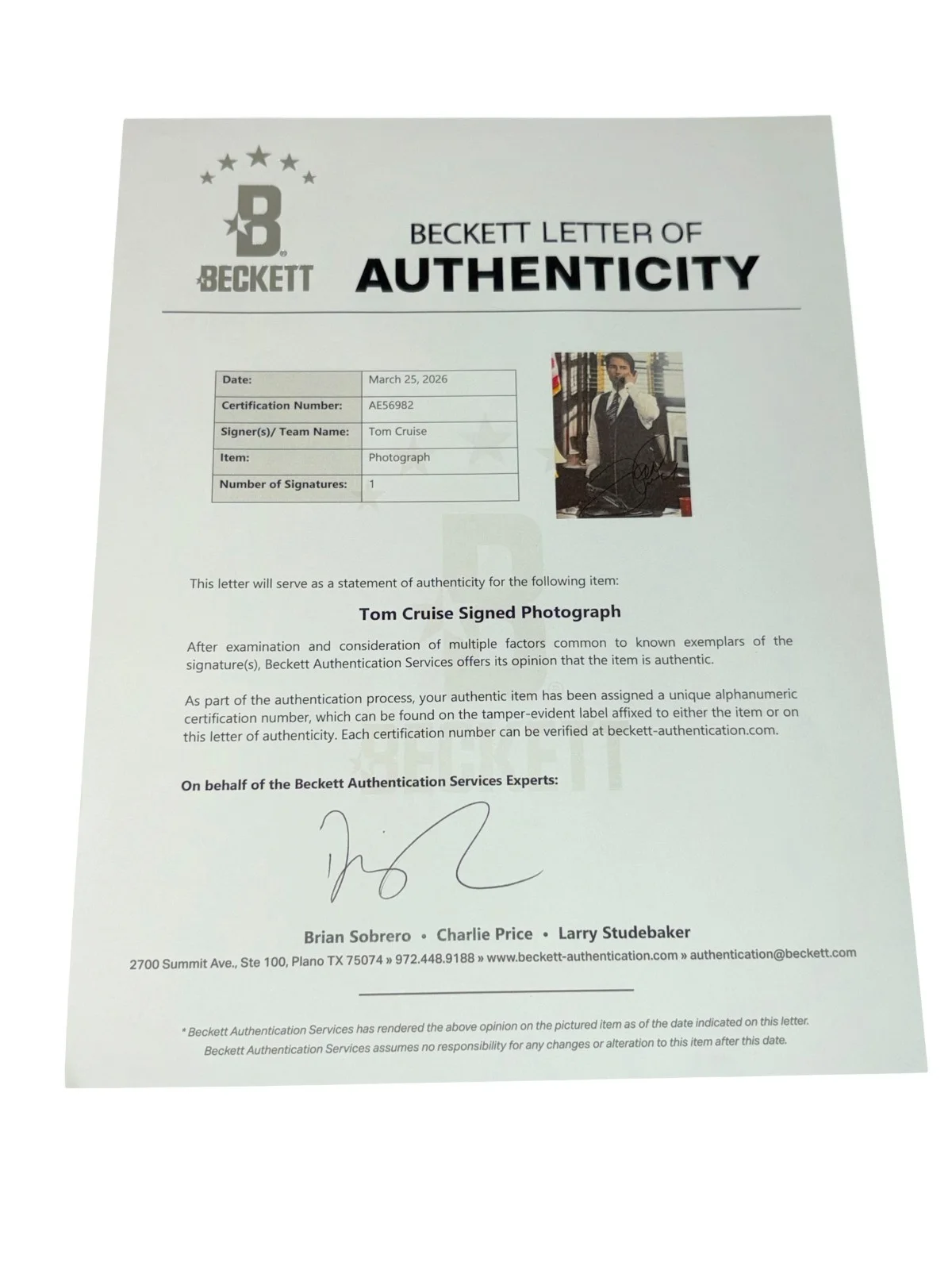 Tom Cruise — Tom Cruise Signed Autograph 11x14 Photo Top Gun Mission Impossible Beckett LOA, изображение 5