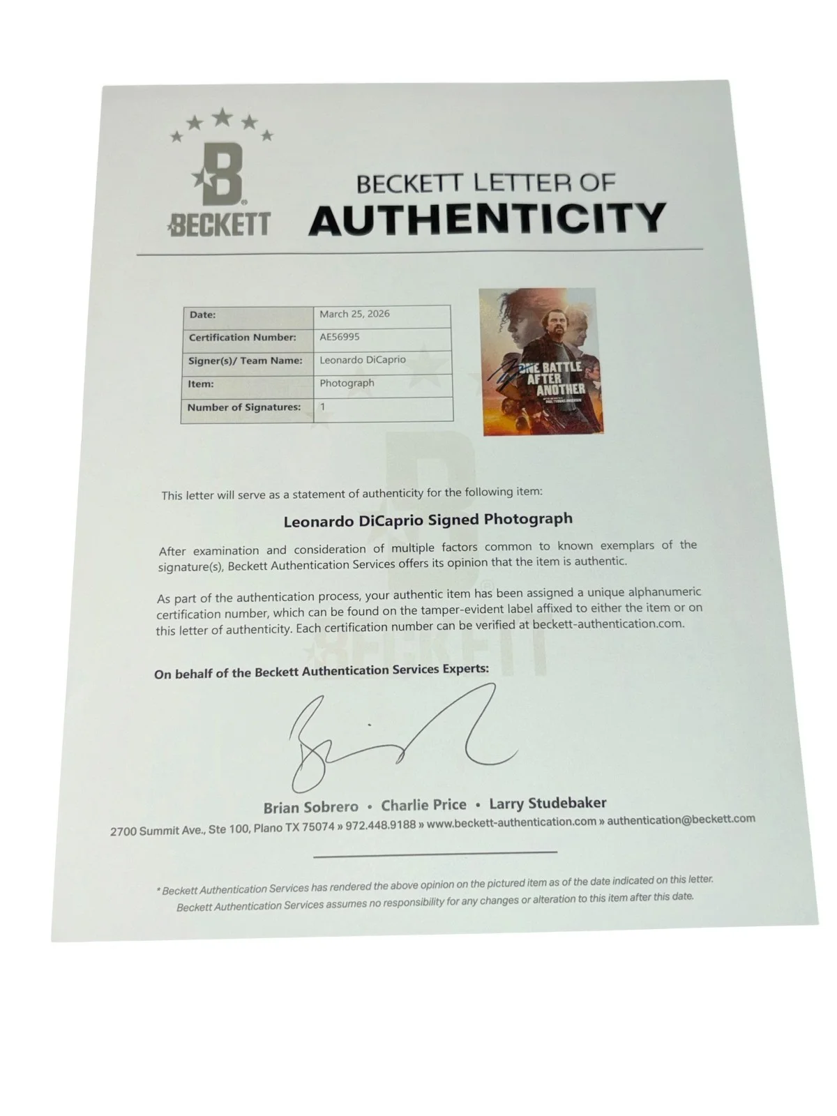 Leonardo DiCaprio — Leonardo DiCaprio Signed Autograph 8x10 One Battle After Another Photo Beckett, image 3