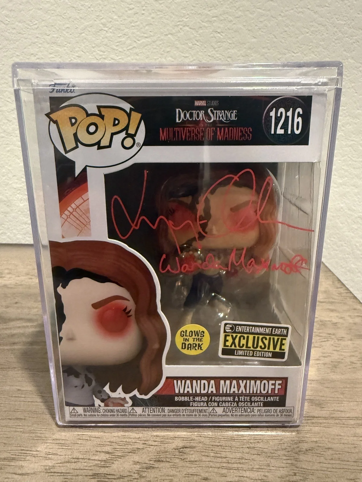 Elizabeth Olsen — Elizabeth Olsen Signed Scarlet Witch Red Eyes Funko w/Wanda Maximoff inscription