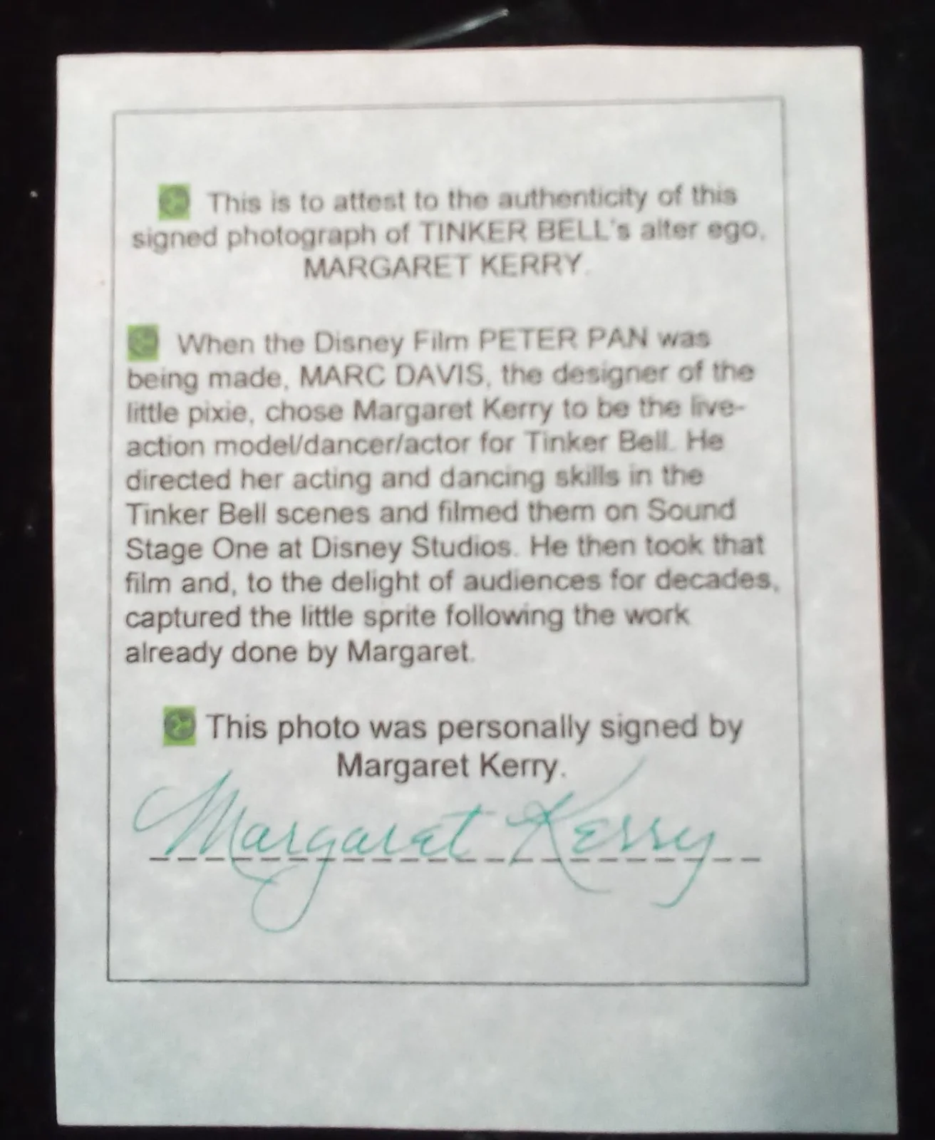 Margaret Kerry — Margaret Kerry signed Tinkerbell. "..second star to the right. Signed COA Disney, image 2
