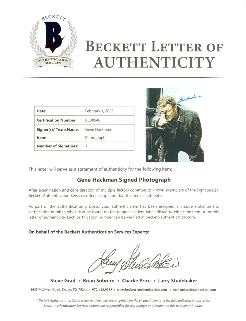GENE HACKMAN SIGNED 11x14 PHOTO POPEYE DOYLE THE FRENCH CONNECTION BECKETT BAS, image 3