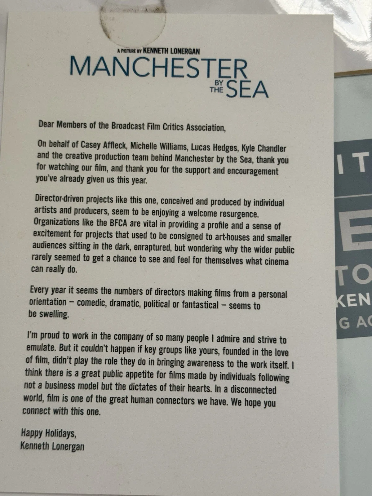 Manchester by the Sea BFCA Critics Choice Poster SIGNED Kenneth Lonergan +Letter, изображение 3