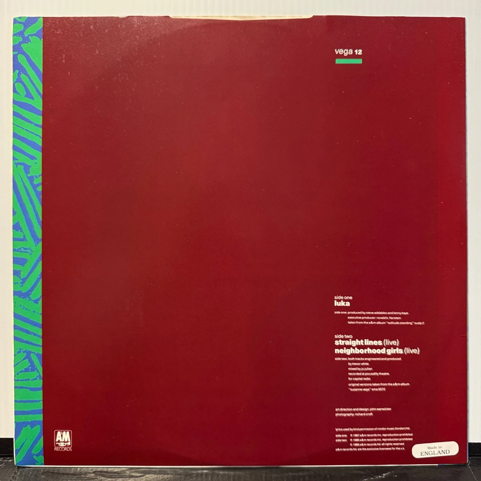 AUTOGRAPHED - SUZANNE VEGA "Luka + 2" UK PICTURE SLEEVE 12" vinyl AUTOGRAPHED, изображение 2