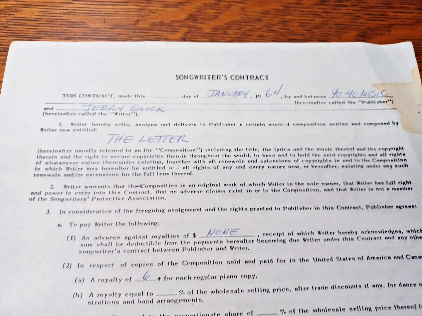 Jan 1964 Signed Contract Jerry Glick & Yo-Yo Music (Song "The Letter") RRP 543, изображение 2