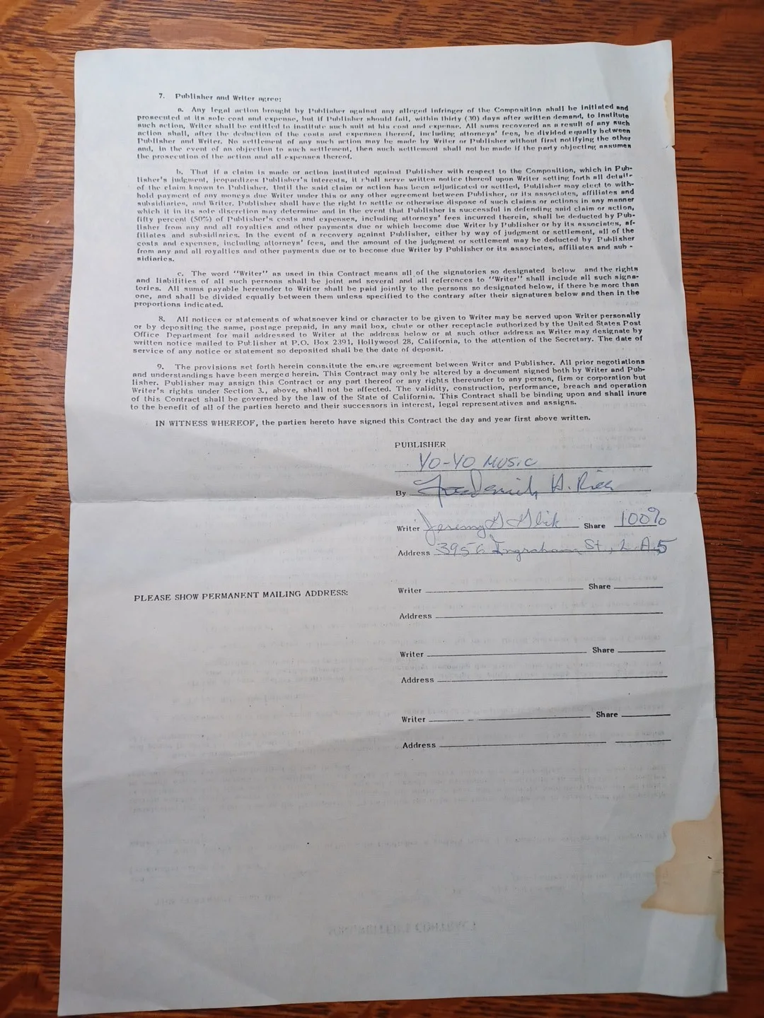 Jan 1964 Signed Contract Jerry Glick & Yo-Yo Music (Song "The Letter") RRP 543, изображение 3