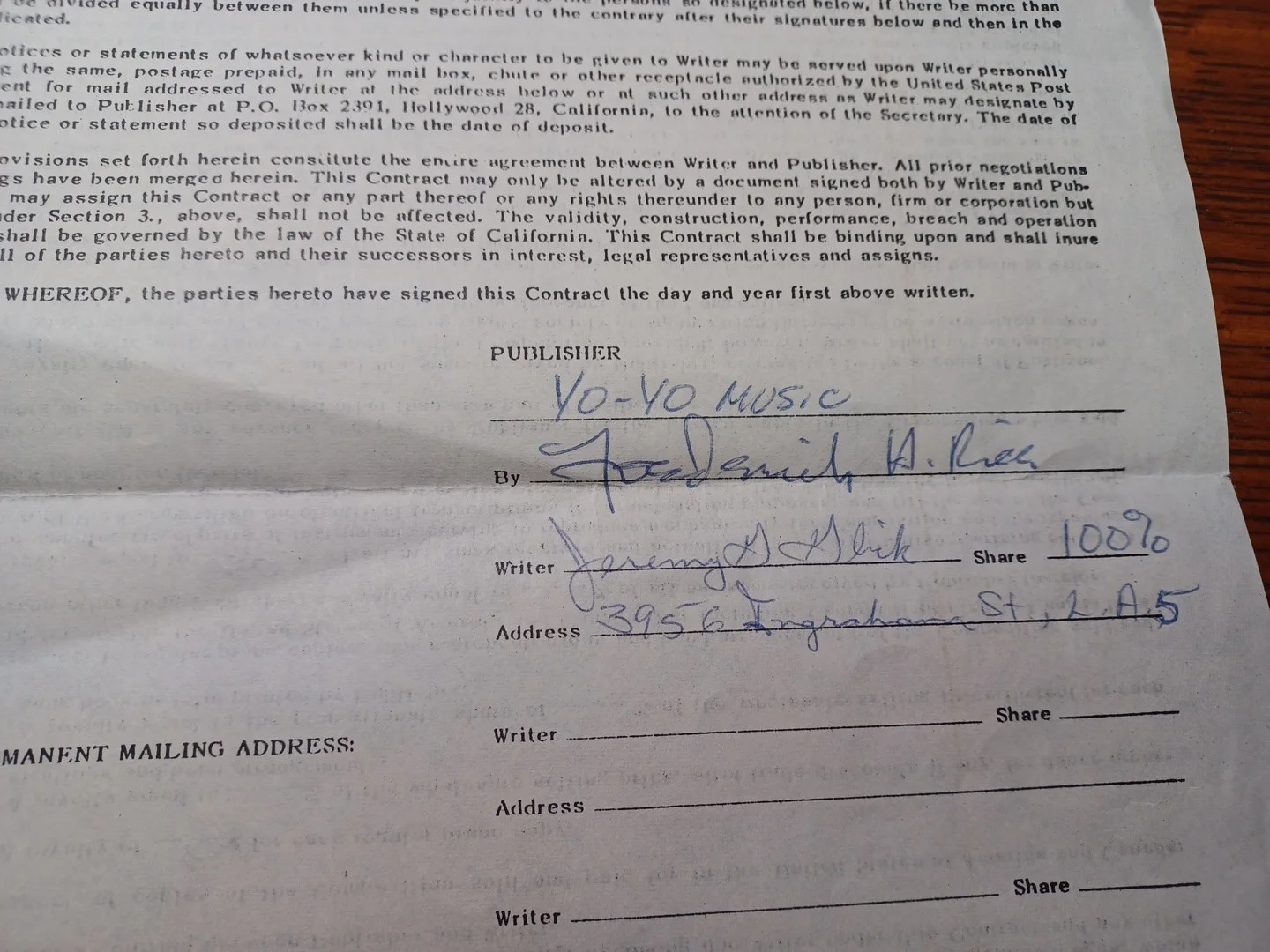 Jan 1964 Signed Contract Jerry Glick & Yo-Yo Music (Song "The Letter") RRP 543, изображение 4