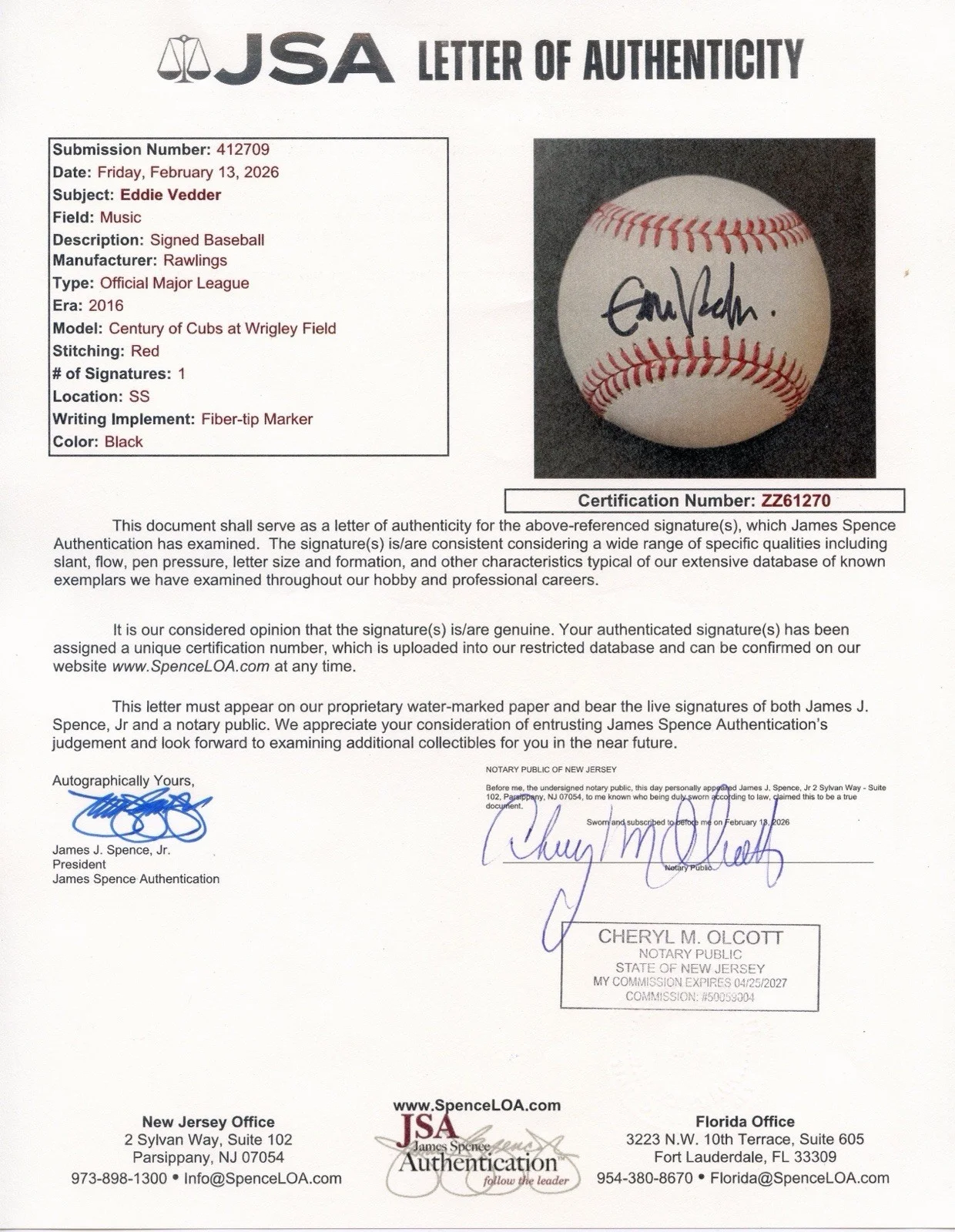 EDDIE VEDDER SIGNED CHICAGO CUBS WRIGLEY FIELD BASEBALL PEARL JAM w/JSA COA!, image 2