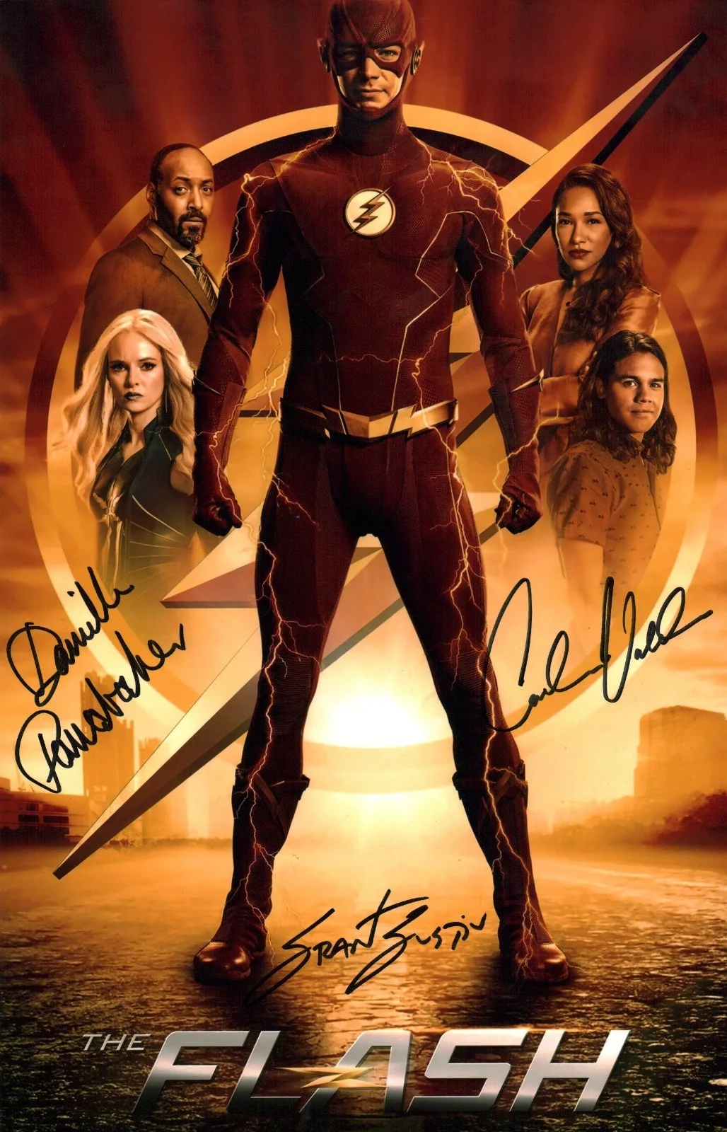 Grant Gustin, Danielle Panabaker, Carlos Valdes — The Flash 11x17 Signed Cast x3 Photo Poster JSA Certified Autograph