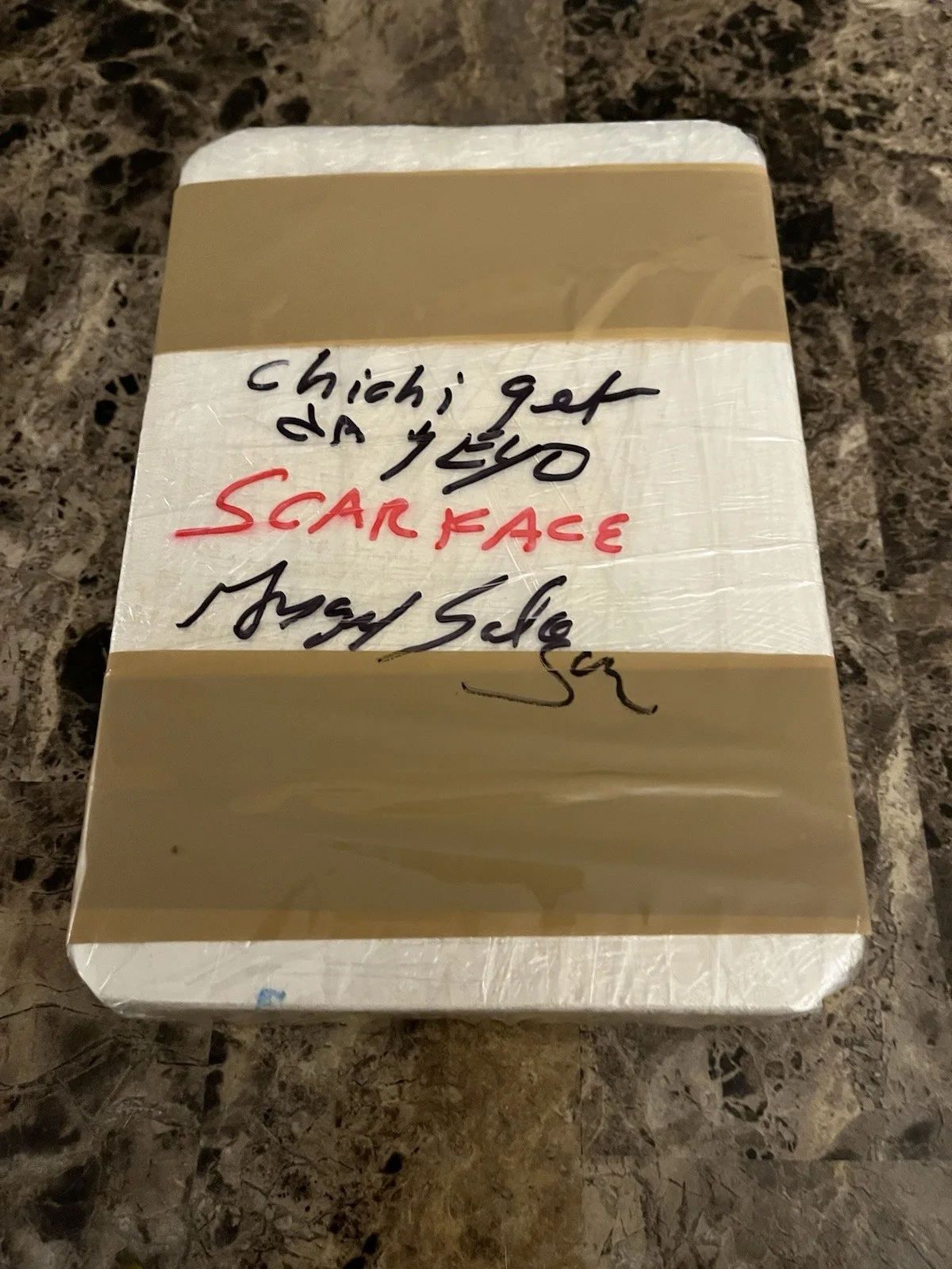 Angel Salazar — Scarface Autographed Prop Brick 'Chichi, get da yayo' Angel Salazar JSA