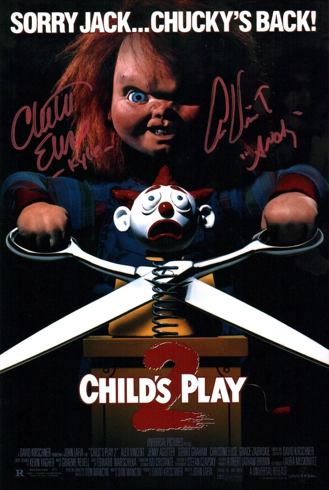 ALEX VINCENT CHRISTINE ELISE — Child's Play 2 8x12 Signed x2 Vincent, Elise Photo Poster JSA Certified Auto