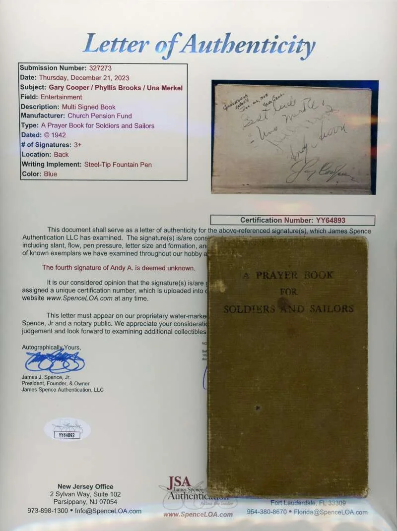 Gary Cooper Phyllis Brooks Una Merkel — Gary Cooper Phyllis Brooks Una Merkel JSA LOA Signed WW2 Prayer Book Autograph, image 2
