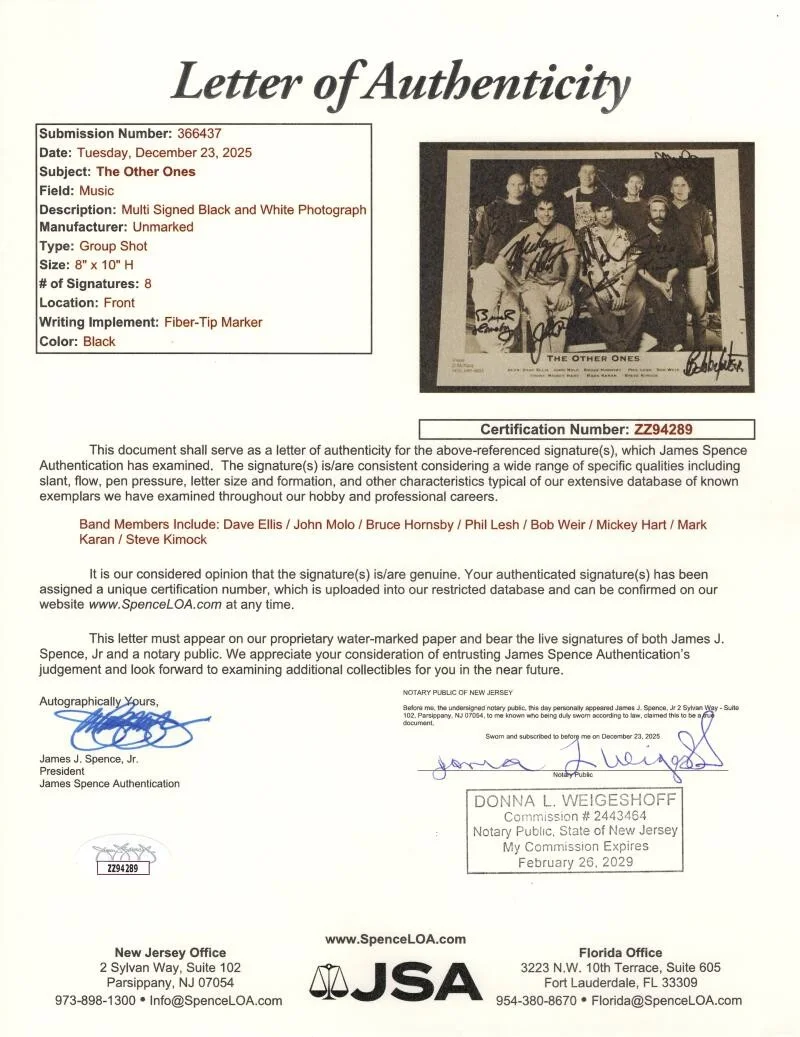 Dave Ellis, Mickey Hart, Bruce Hornsby, Mark Karan, Steve Kimock — Grateful Dead The Other Ones Full Band x8 Signed Autograph 8x10 Photo w/ JSA COA, image 2