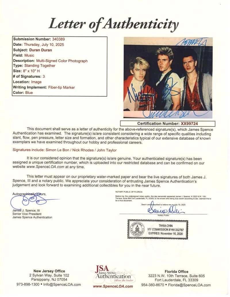 Simon Le Bon, Nick Rhodes, John Taylor — Duran Duran Signed Autograph 8x10 Photo - Simon Le Bon Nick & John w/ JSA COA, изображение 2
