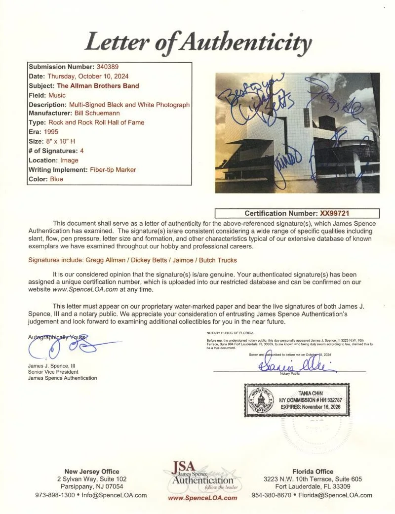 Gregg Allman, Dickey Betts, Jaimoe, Butch Trucks — Allman Brothers Band Signed Autograph 8x10 Photo - Gregg Jaomie +2 w/ JSA COA, изображение 3