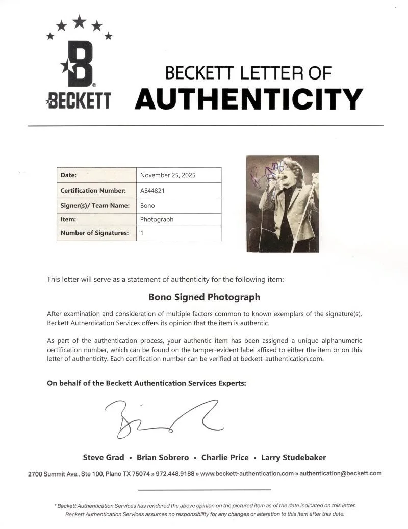 Bono — Bono U2 Signed Autograph 8x10 Photo - The Joshua Tree October Boy w/ Beckett COA, изображение 2