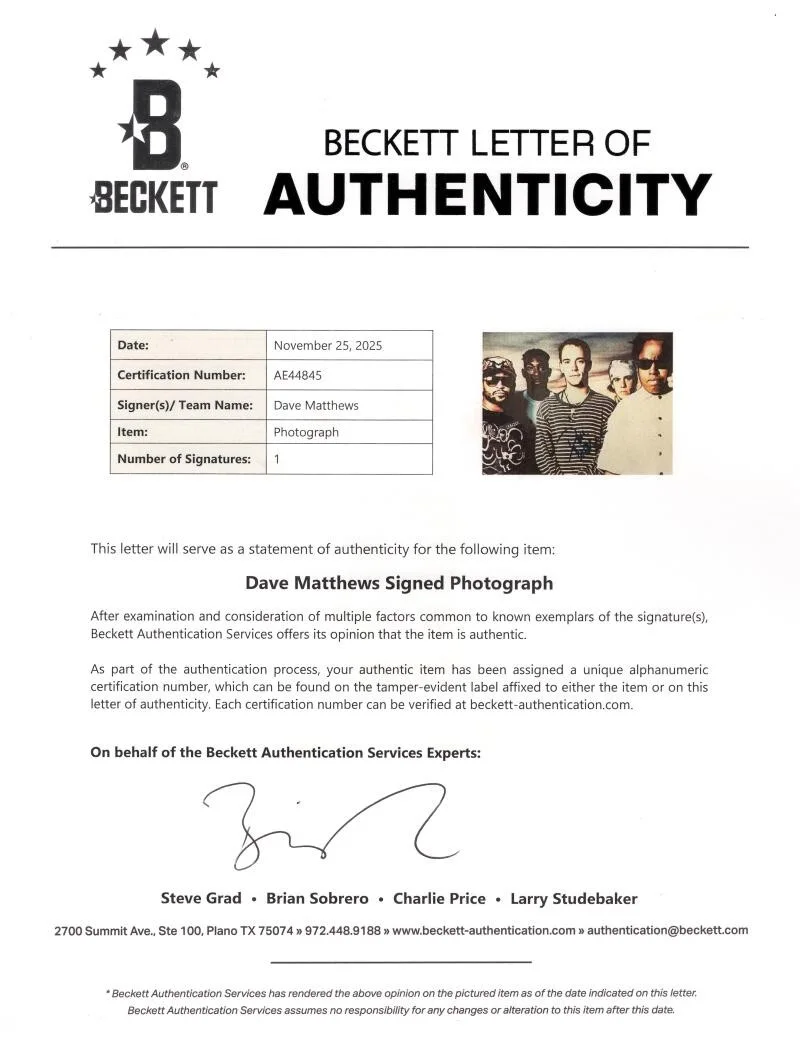 Dave Matthews — Dave Matthews Signed Autograph 8x10 Photo - Vintage Full Signature Beckett COA, изображение 2