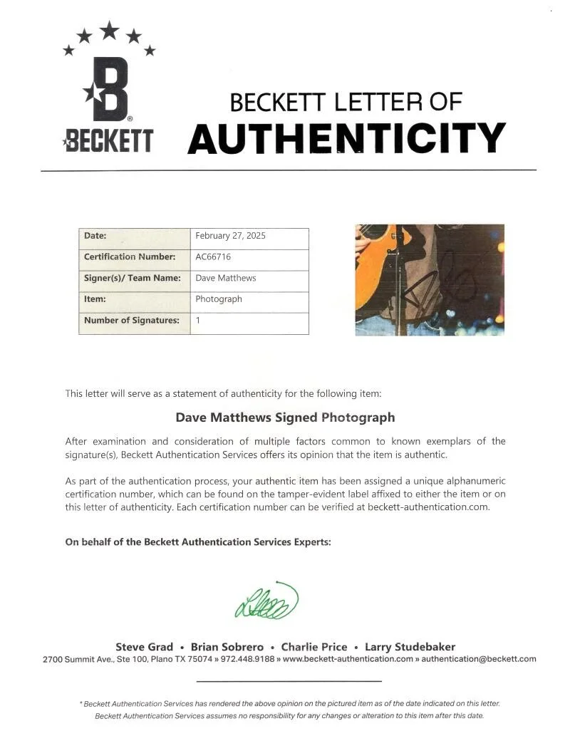 Dave Matthews — Dave Matthews DMB Signed Autograph 8x10 Photo - Band frontman w/ Beckett COA, изображение 2