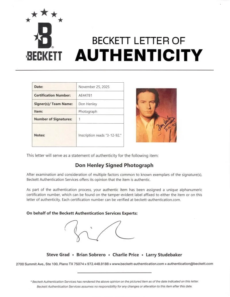 Don Henley — Don Henley Eagles Signed Autograph 8x10 Photo - Hotel California w/ Beckett COA, изображение 2