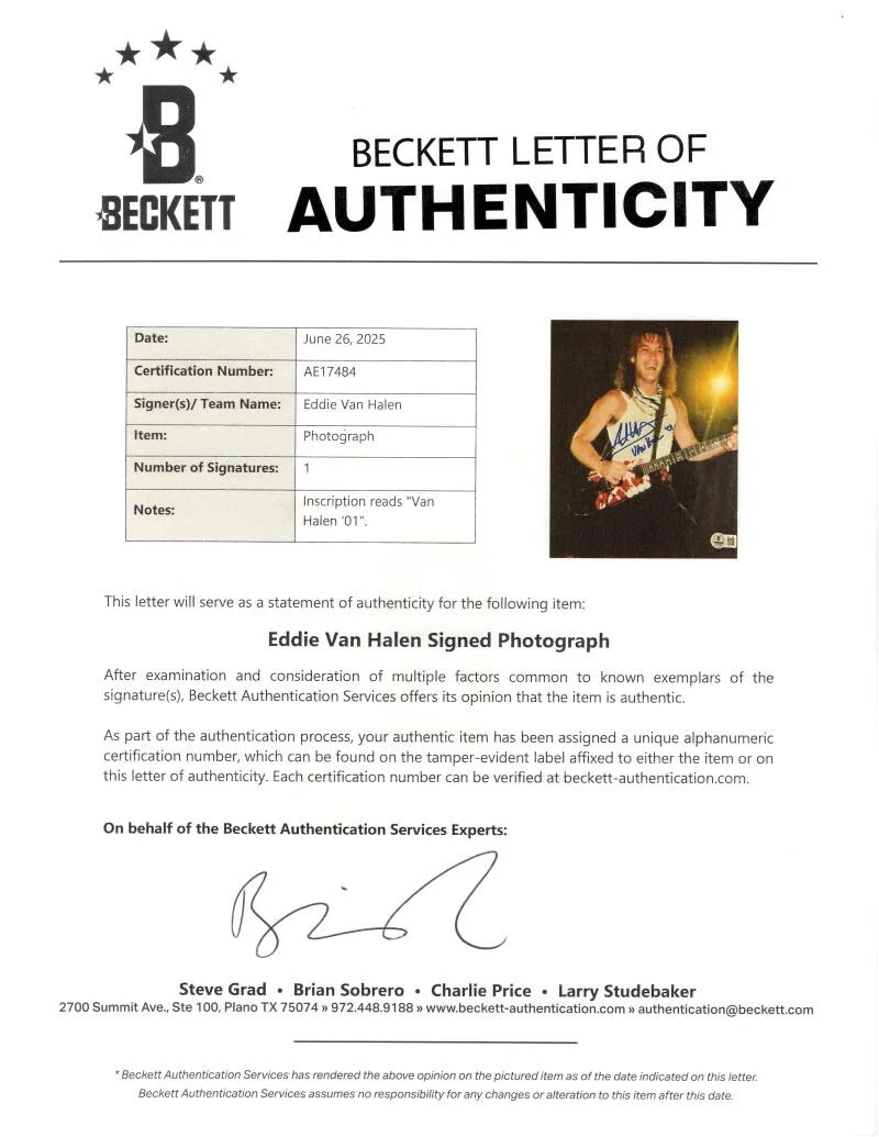 Eddie Van Halen — Eddie Van Halen Signed Autograph 8x10 Photo - Diver Down 1984 5150 - Beckett COA, изображение 2