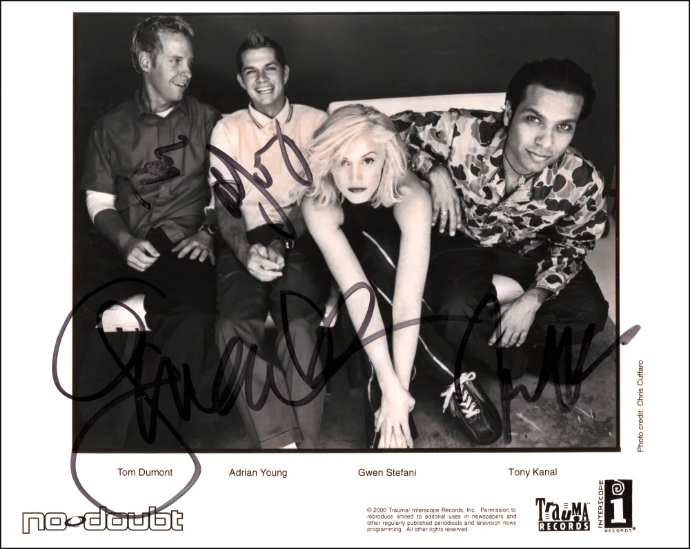Tom Dumont, Tony Kanal, Gwen Stefani, Adrian Young — No Doubt Signed Autograph 8x10 Original Promo Photo - Gwen Stefani +3 w/ JSA COA