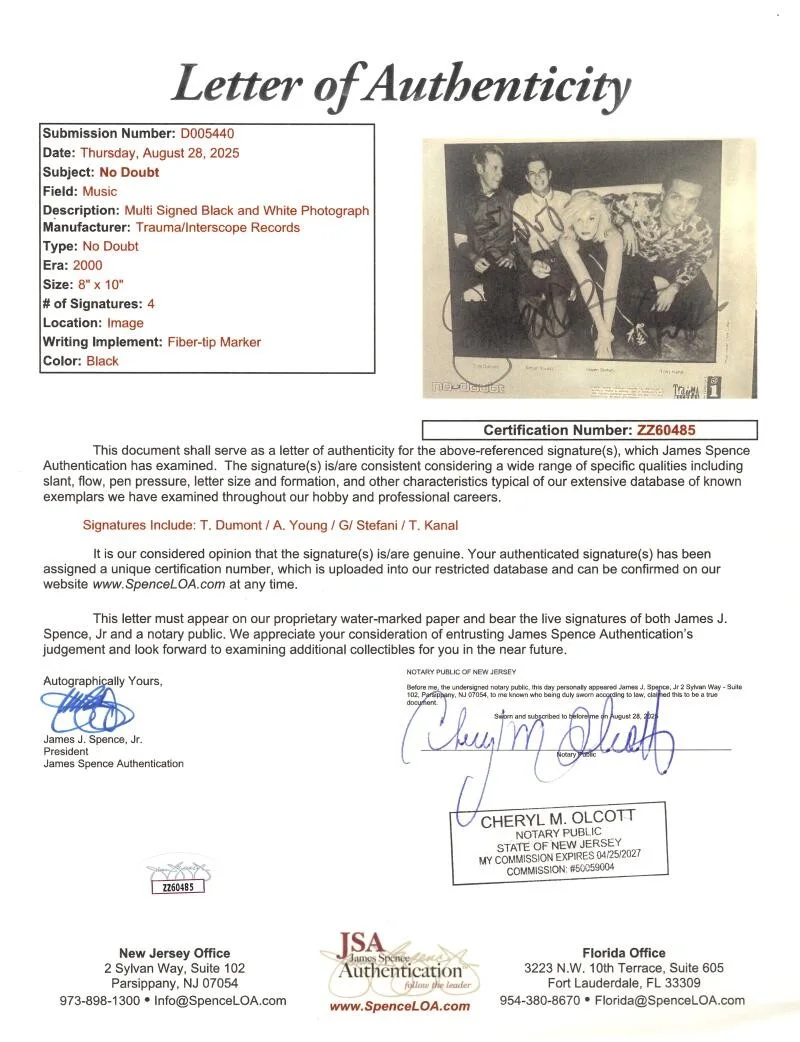 Tom Dumont, Tony Kanal, Gwen Stefani, Adrian Young — No Doubt Signed Autograph 8x10 Original Promo Photo - Gwen Stefani +3 w/ JSA COA, изображение 2