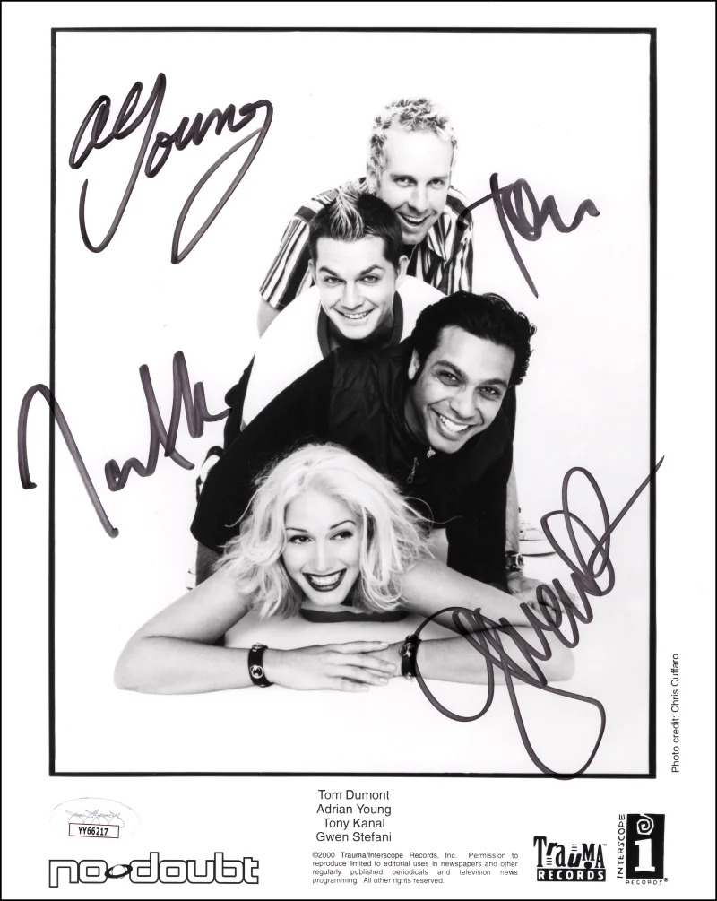 Tom Dumont, Tony Kanal, Gwen Stefani, Adrian Young — No Doubt Signed Autograph 8x10 Original Promo Photo - Gwen Stefani +3 JSA COA