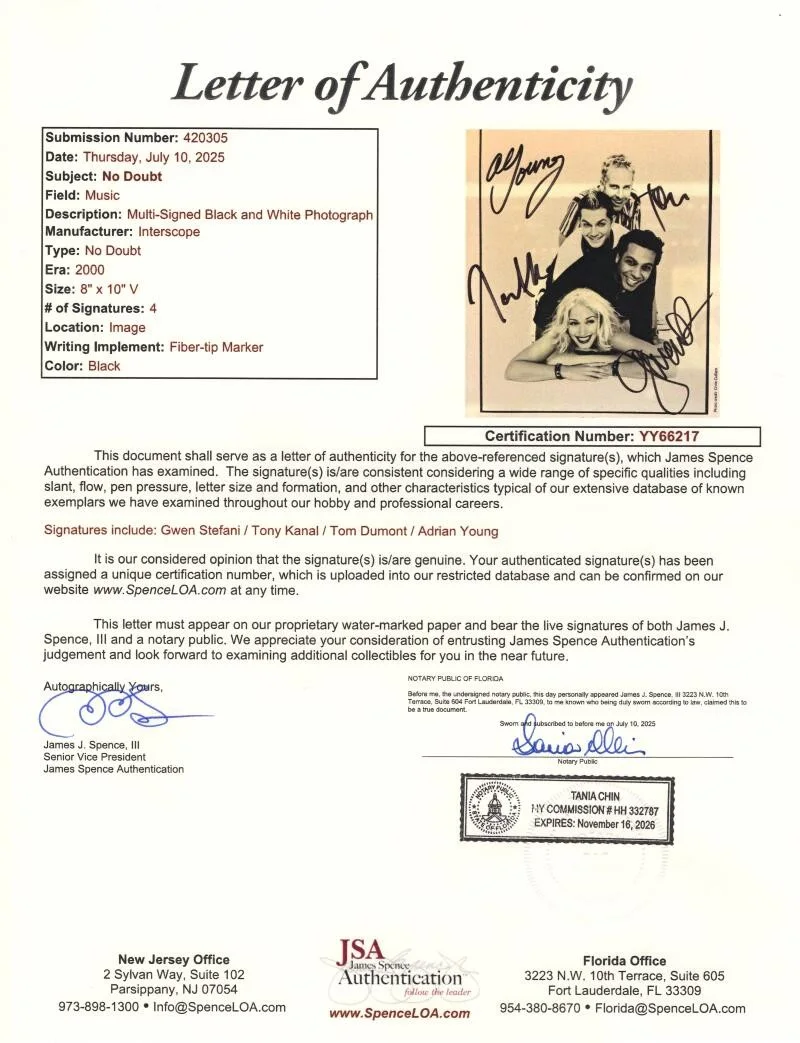Tom Dumont, Tony Kanal, Gwen Stefani, Adrian Young — No Doubt Signed Autograph 8x10 Original Promo Photo - Gwen Stefani +3 JSA COA, изображение 2