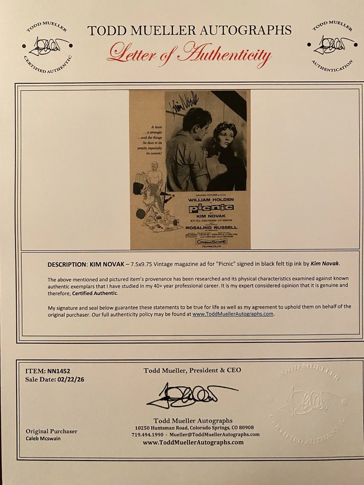 Kim Novak — Kim Novak Signed Autographed Vintage Ad With COA Picnic, изображение 4