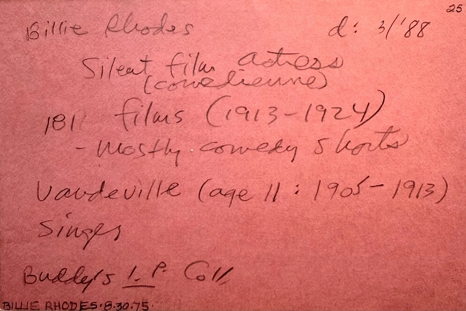 Billie Rhodes — BILLIE RHODES Autographed Signed 4x6 INDEX CARD Silent Films The Star Reporter, изображение 2