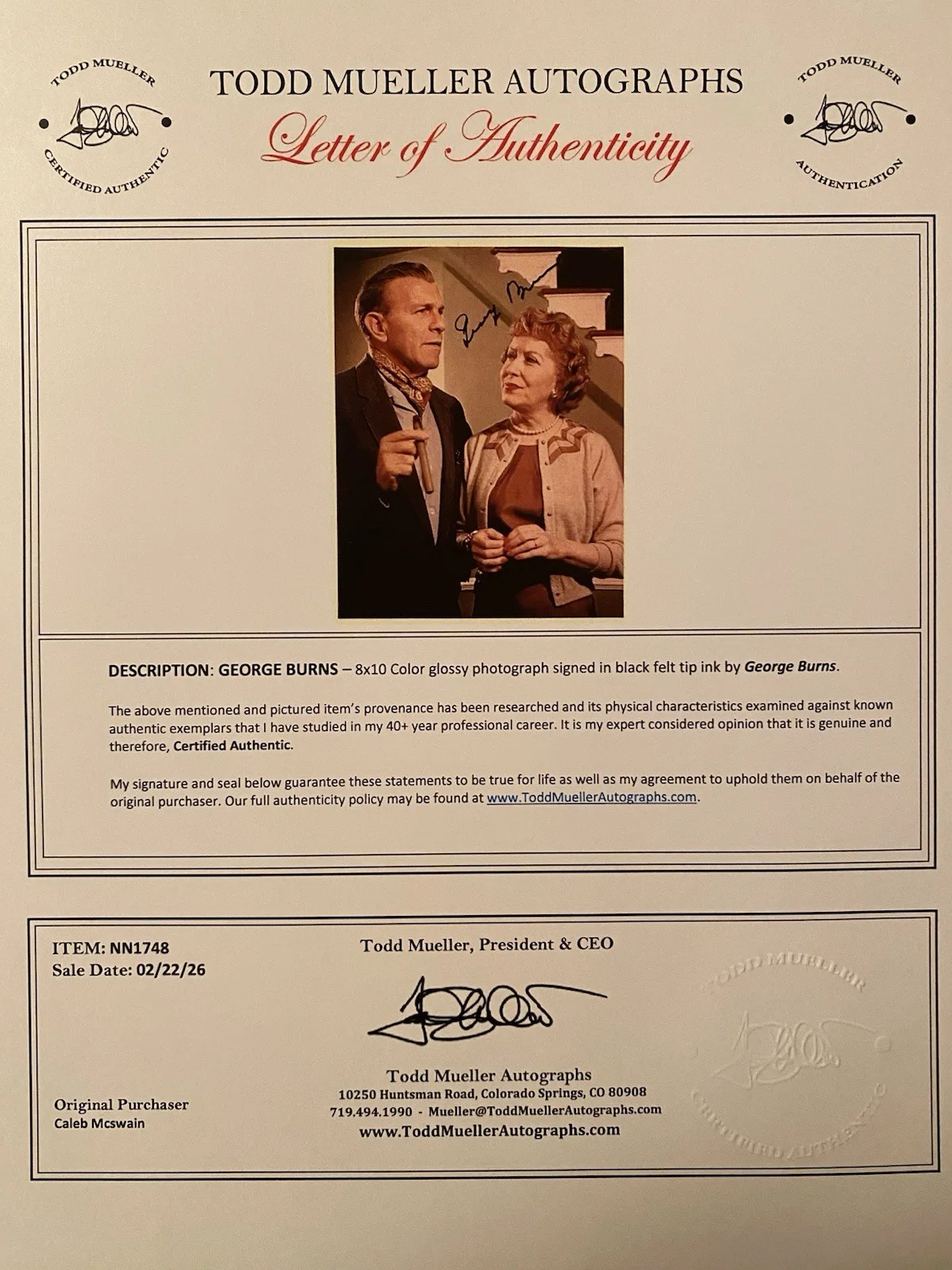 George Burns — George Burns Signed Autographed Color Photo With COA The Burns And Allen Show, image 4