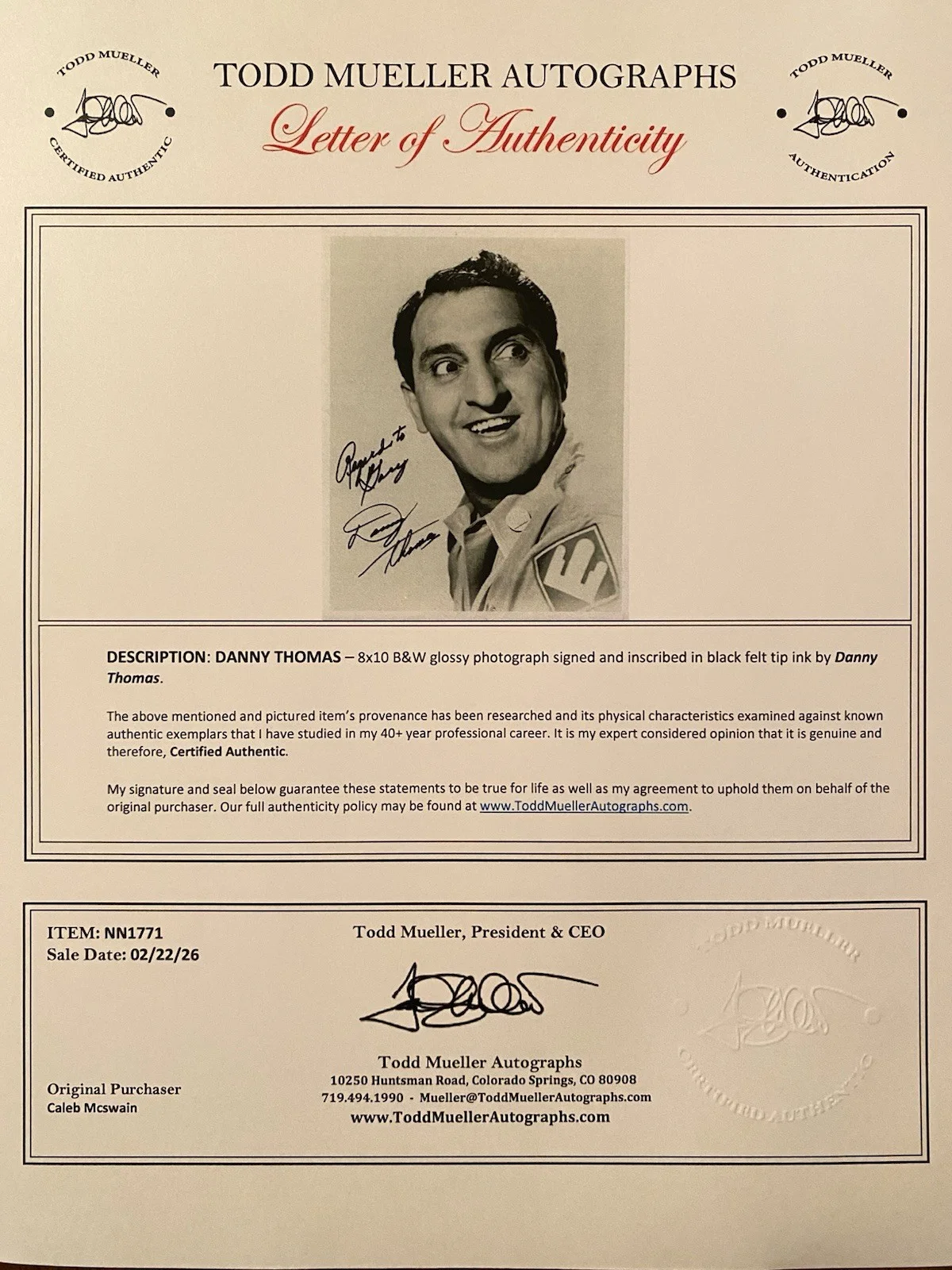 Danny Thomas — Danny Thomas Signed Autographed Photo With COA Mame Room For Daddy Show, изображение 4
