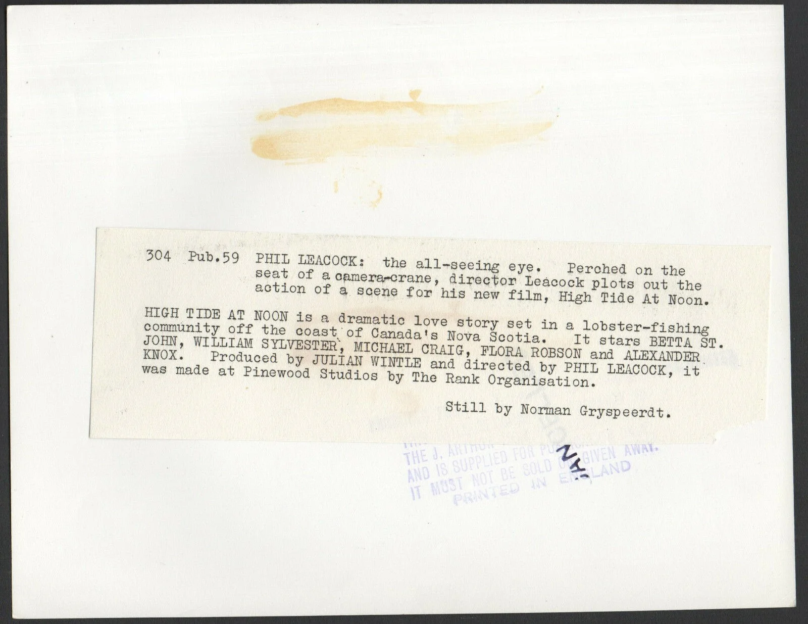 HIGH TIDE AT NOON 1957 Philip Leacock camera crane STILL #PUB59, image 2