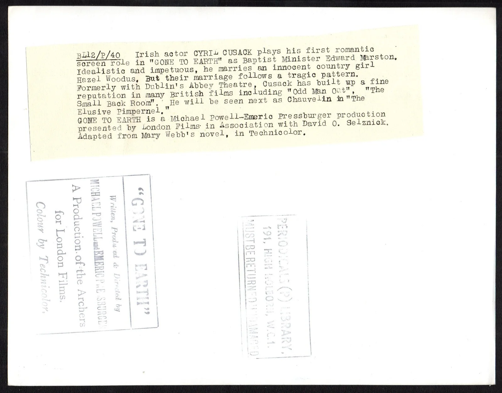 GONE TO EARTH 1950 Michael Powell CYRIL CUSACK 10x8 STILL #P40, image 2