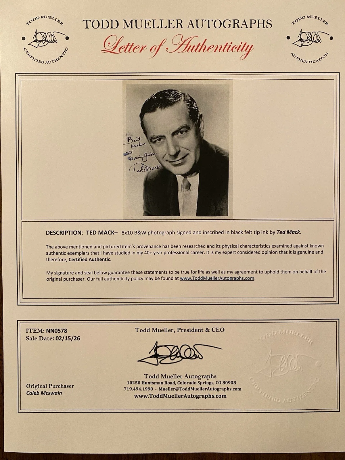 Ted Mack — Ted Mack Signed Autographed Photo With COA The Original Amateur Hour, изображение 4