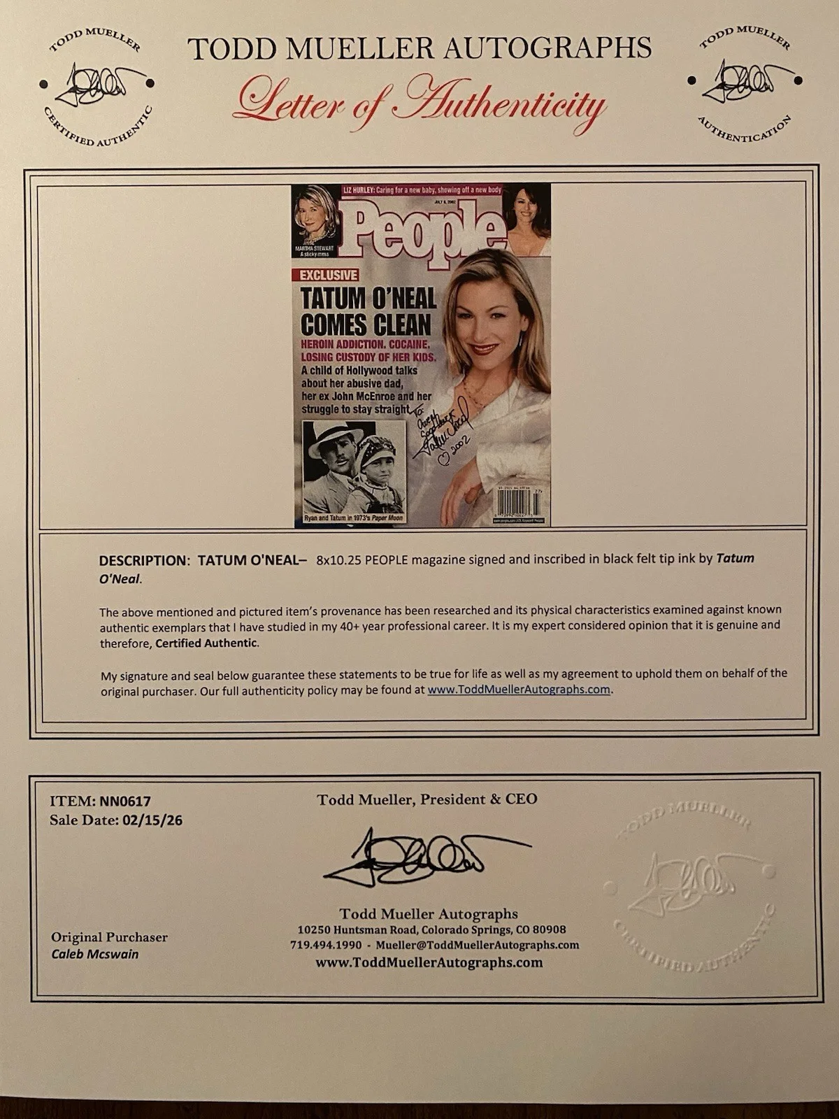 Tatum O’Neal — Tatum O’Neal Signed Autographed People Magazine With COA Paper Moon 2002, image 4