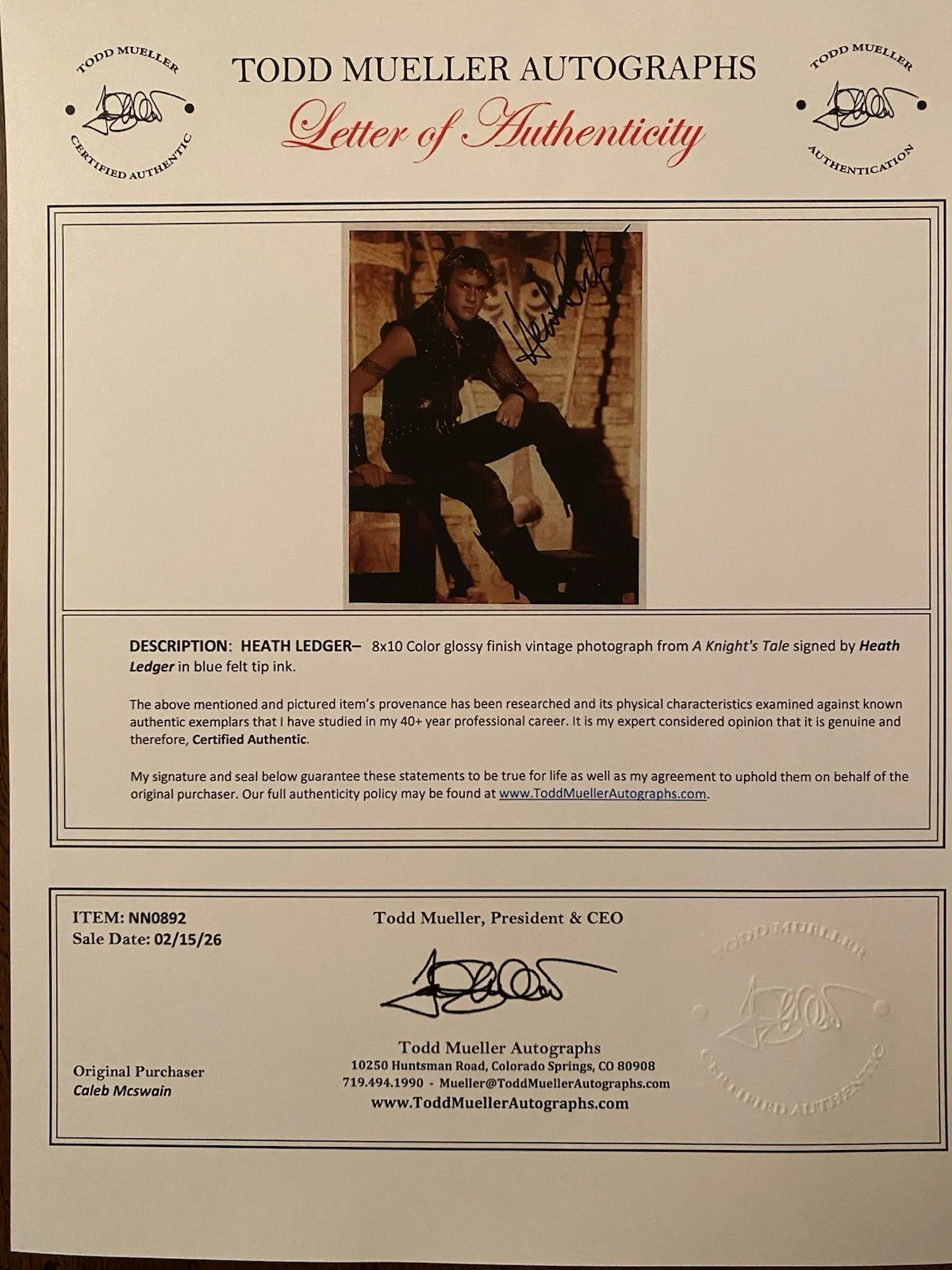 Heath Ledger — Heath Ledger Signed Autographed 8x10 Photo With COA A Knight’s Tale RARE, image 4