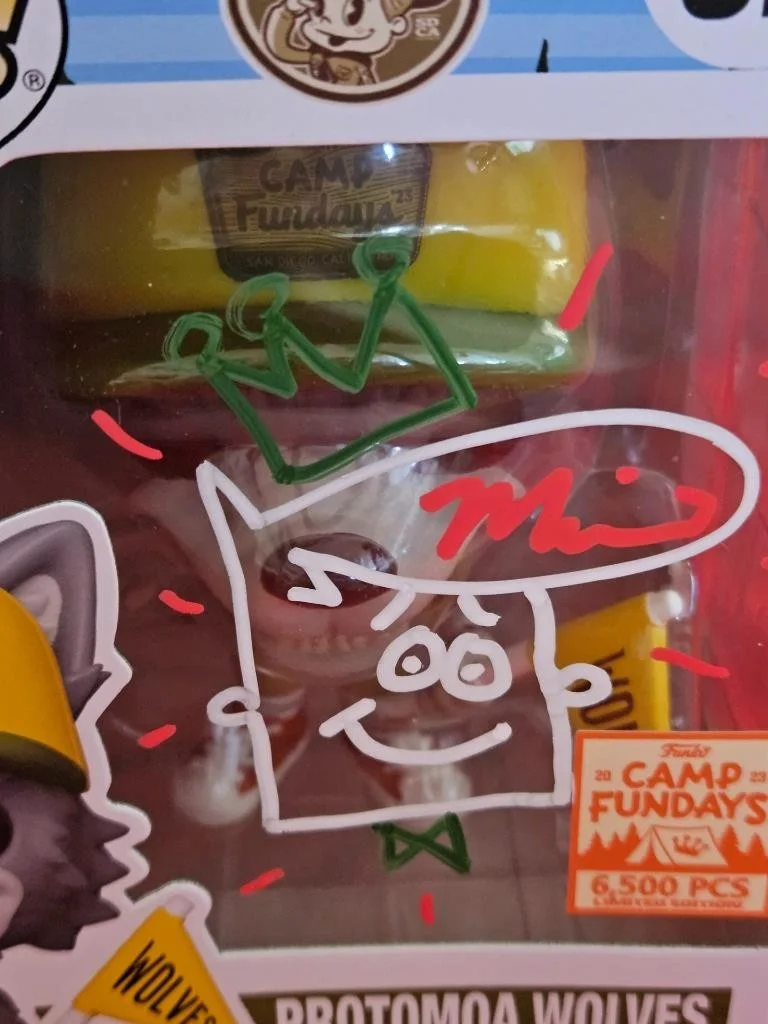 MIKE BECKER — MIKE BECKER SIGNED AUTOGRAPHED FUNKO POP CAMP FUNDAYS PROTOMOA WOLVES SKETCH COA, image 2