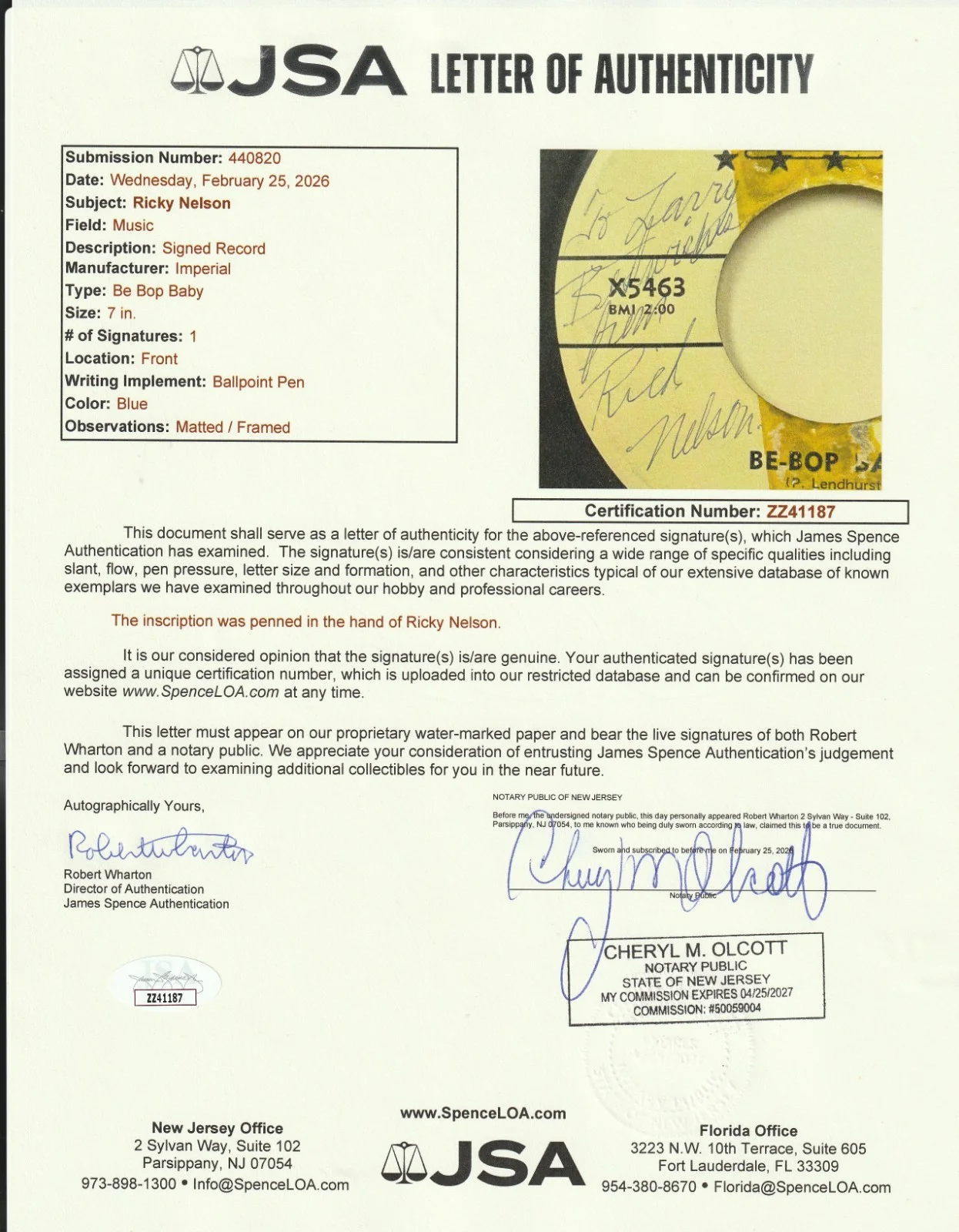 Rick Nelson, Ricky Nelson — Rick Nelson Signed Autographed Be-Bop Baby Promo Imperial 45 JSA LOA Cert RARE, image 5