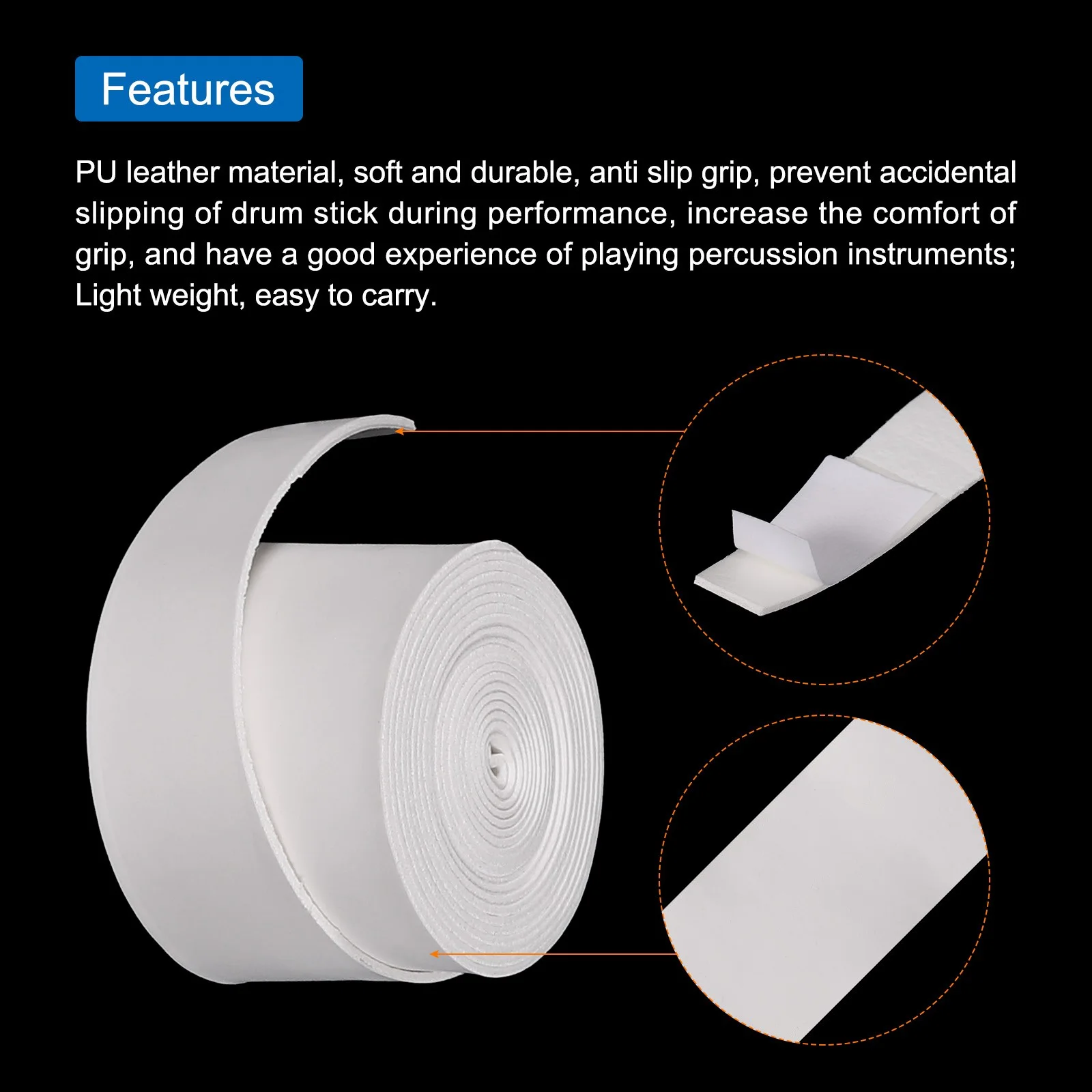 2pcs Drum Stick Tape Drumstick Grips Anti Slip 1" Width 43" White, image 4