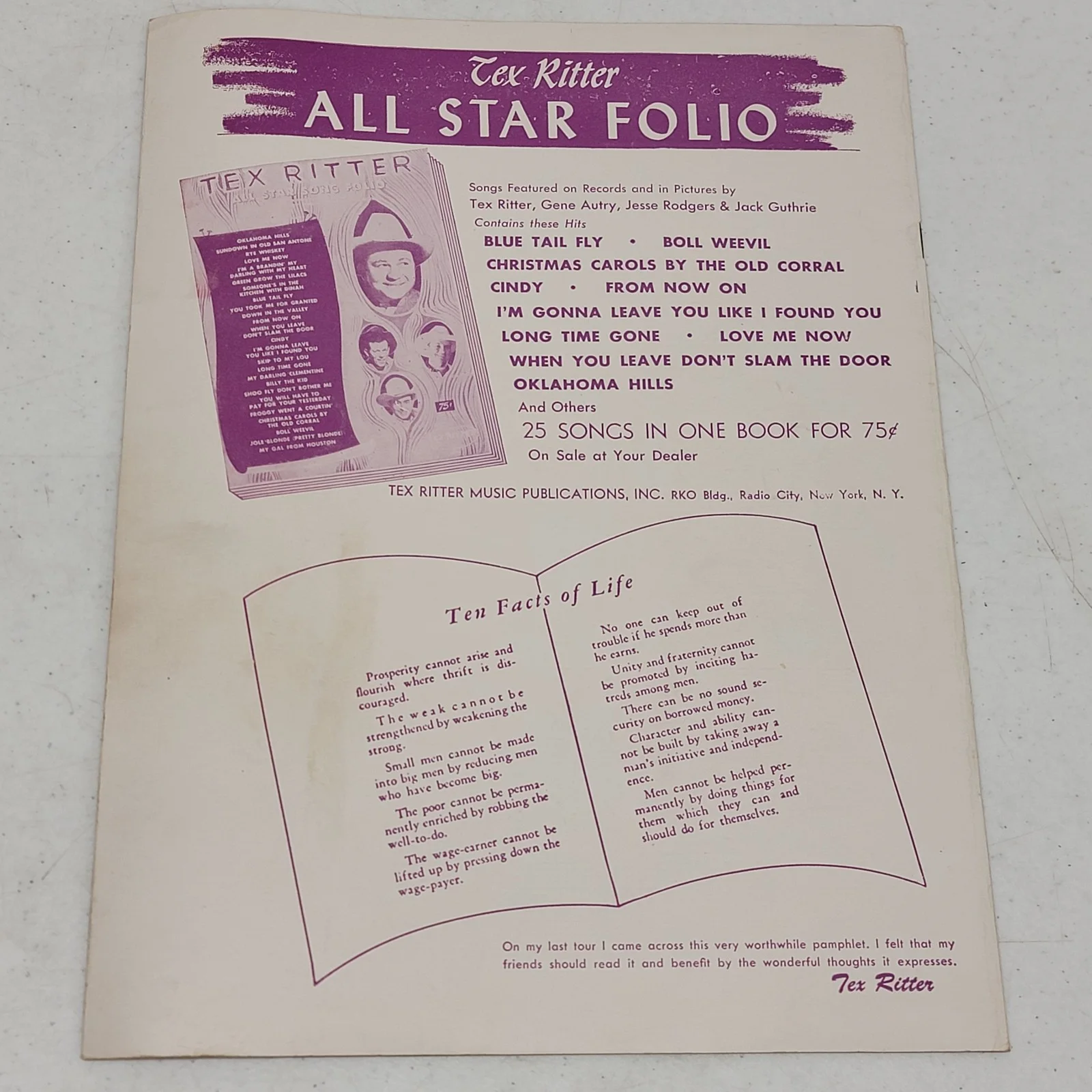 Tex Ritter Capitol Record Hits Song Folio Autographed Music Pub Inc 1948 16 pgs, изображение 3