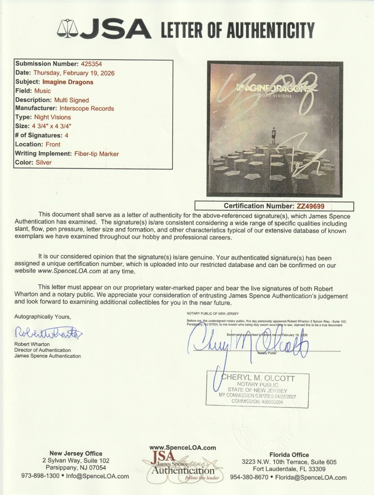 Imagine Dragons JSA Signed Framed Autograph Night Visions CD Booklet, image 3