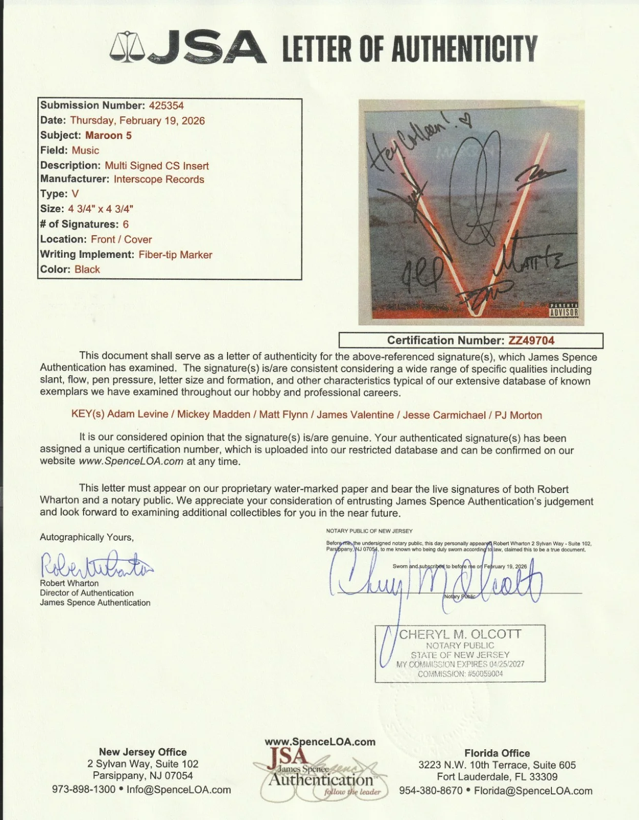 Maroon 5 JSA Signed Framed Autograph "V" CD Booklet Adam Levine, image 3