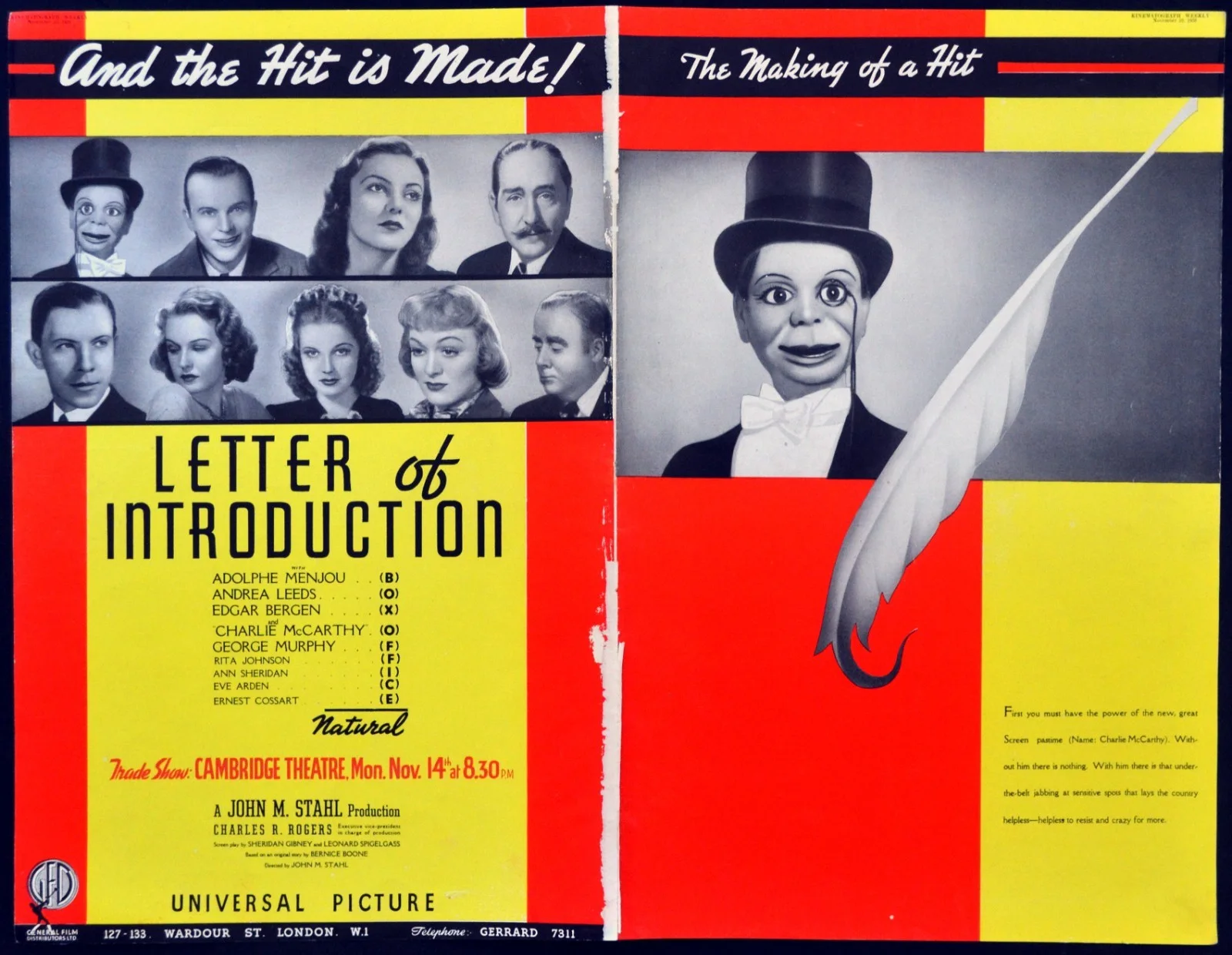 LETTER OF INTRODUCTION 1938 Adolphe Menjou, Edgar Bergen TRADE ADVERT, image 2