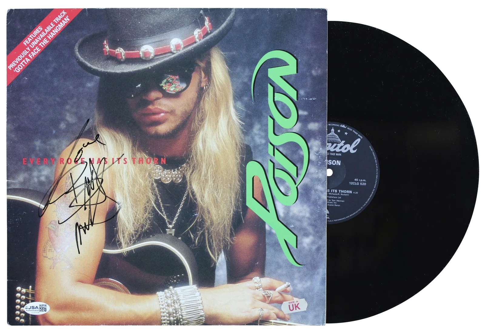 Bret Michaels, C.C. DeVille, Bobby Dall, & Rikki Rocket — Poison (4) Michaels, DeVille, Dall & Rocket Signed Album w/ Vinyl JSA #CL51539