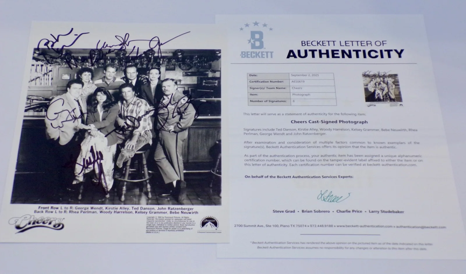 Ted Danson, Kirstie Alley, Woody Harrelson, Kelsey Grammer — CHEERS Cast: Danson Woody Wendt Alley Ratz Bebe Kelsey Rhea SIGNED 8x10 BAS COA