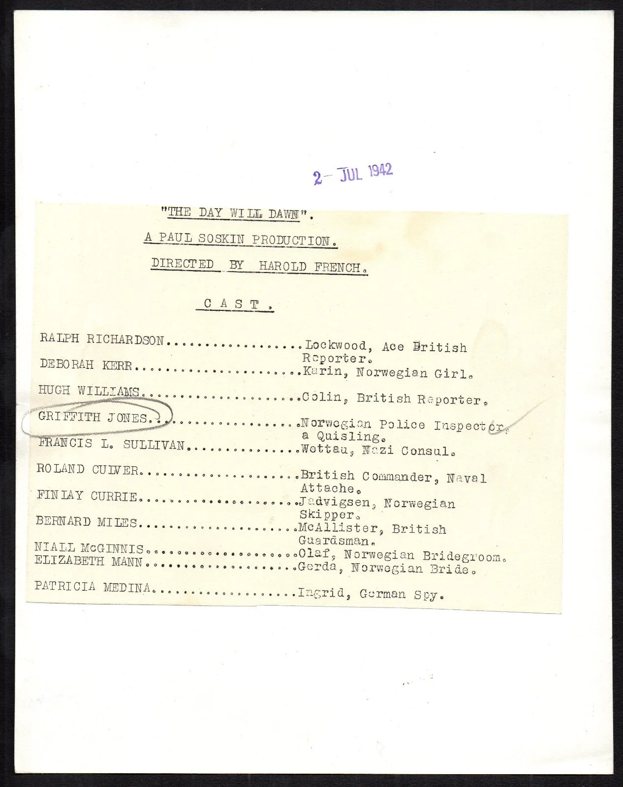 DAY WILL DAWN 1942 Griffith Jones 10x8 PORTRAIT, image 2