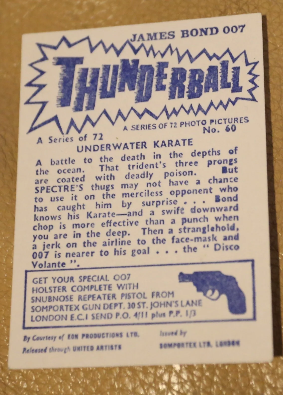 JAMES BOND SOMPORTEX THUNDERBALL 1966 ORIGINAL TRADING CARD EX COND NUMBER 60, image 2