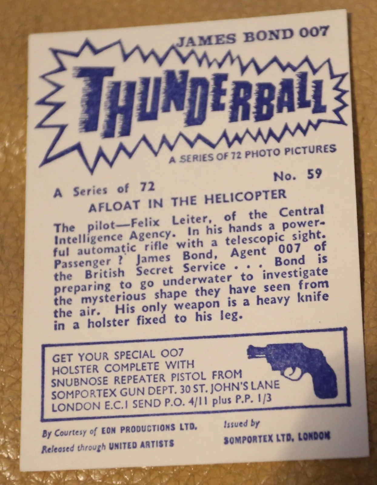JAMES BOND SOMPORTEX THUNDERBALL 1966 ORIGINAL TRADING CARD EX COND NUMBER 59, изображение 2