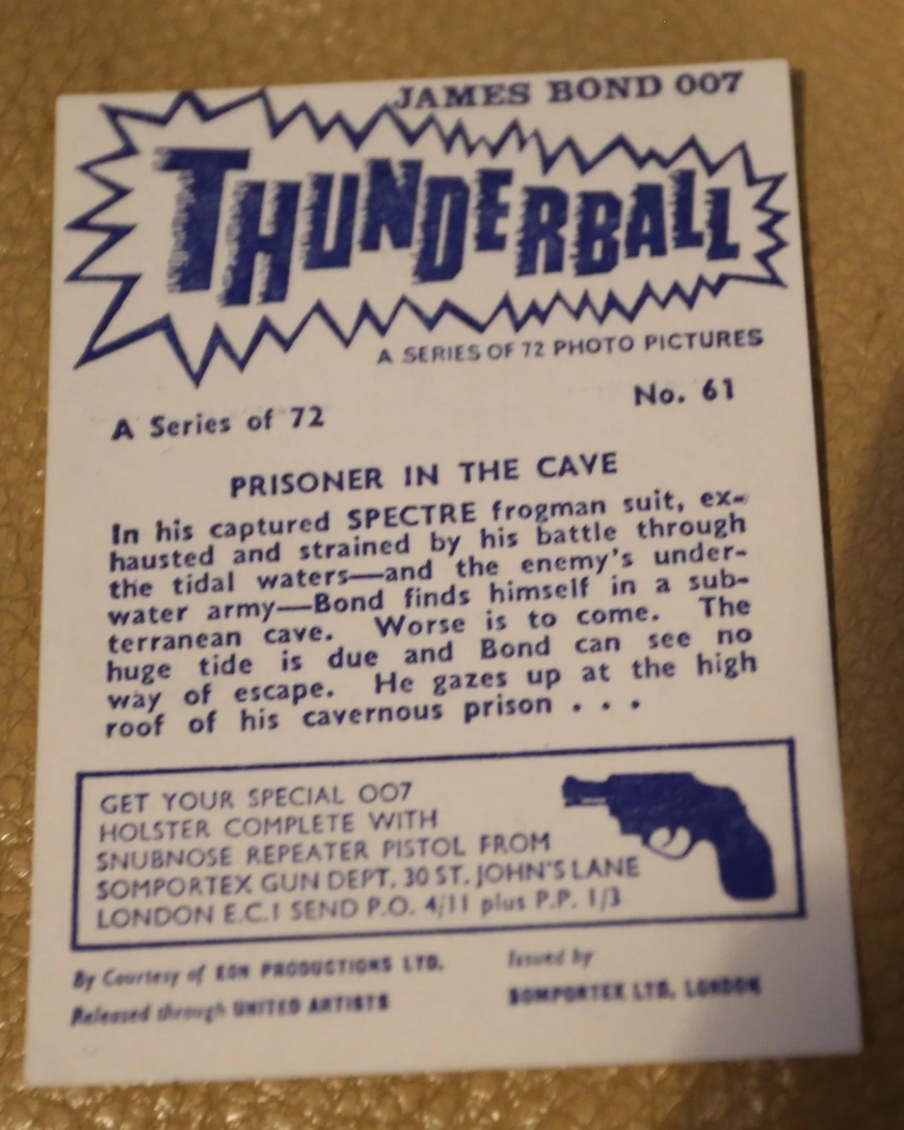 JAMES BOND SOMPORTEX THUNDERBALL 1966 ORIGINAL TRADING CARD EX COND NUMBER 61, изображение 2