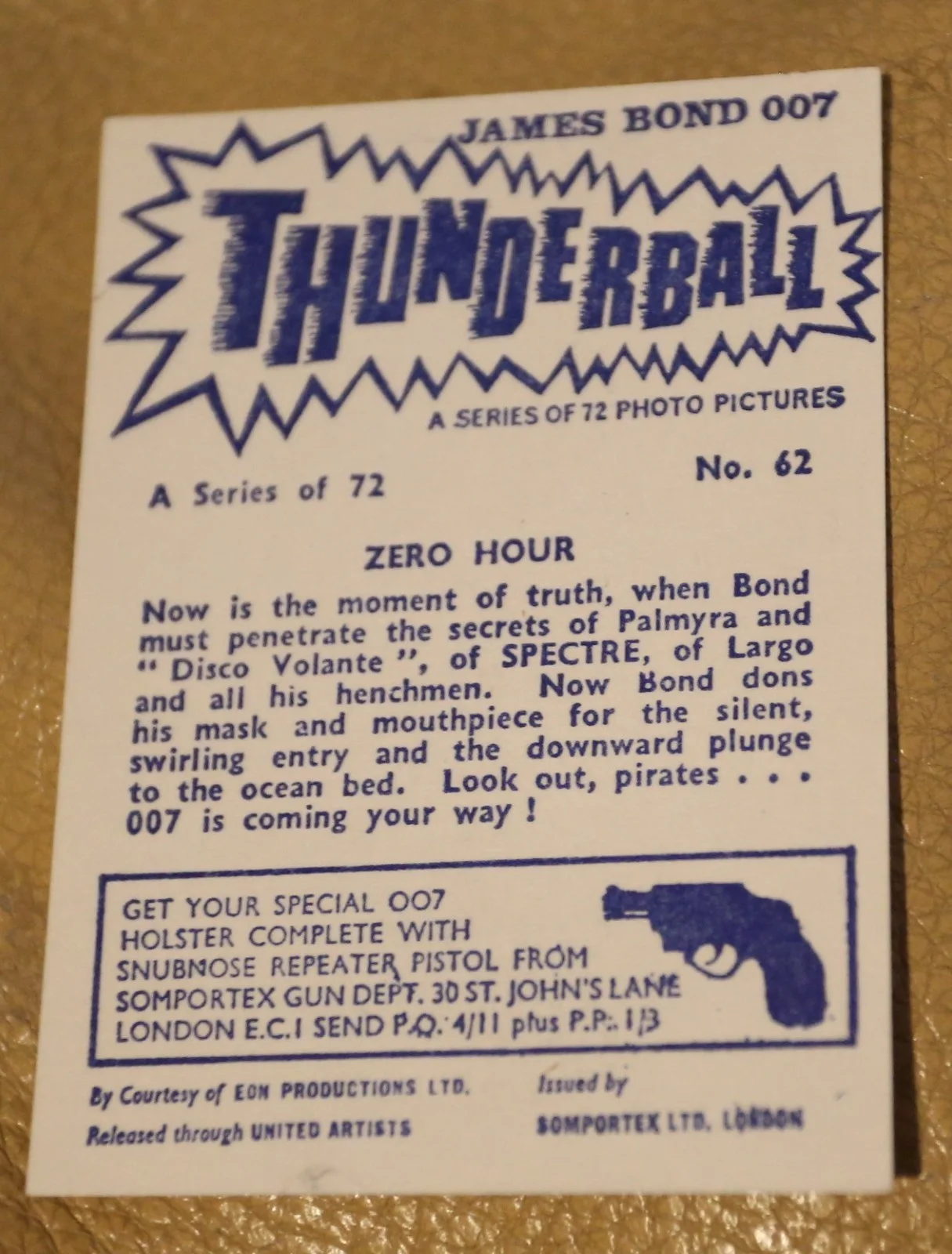 JAMES BOND SOMPORTEX THUNDERBALL 1966 ORIGINAL TRADING CARD EX COND NUMBER 62, image 2
